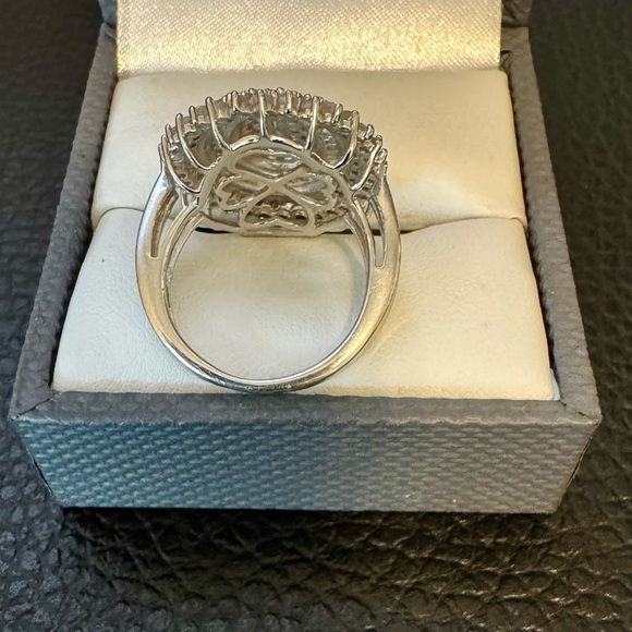 Round and Baguette White Diamond Rodium over Sterling Silver Cluster. Sz 6. - Picture 3 of 3